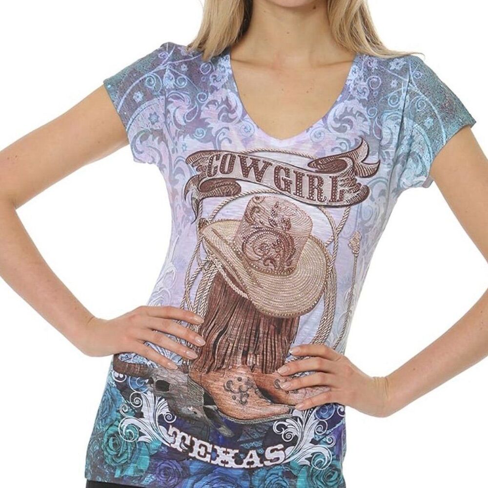 Sweet Gisele Cowgirl Texas Bling Jewels Boots Hat Ombre Handkerchief Hem Shirt M